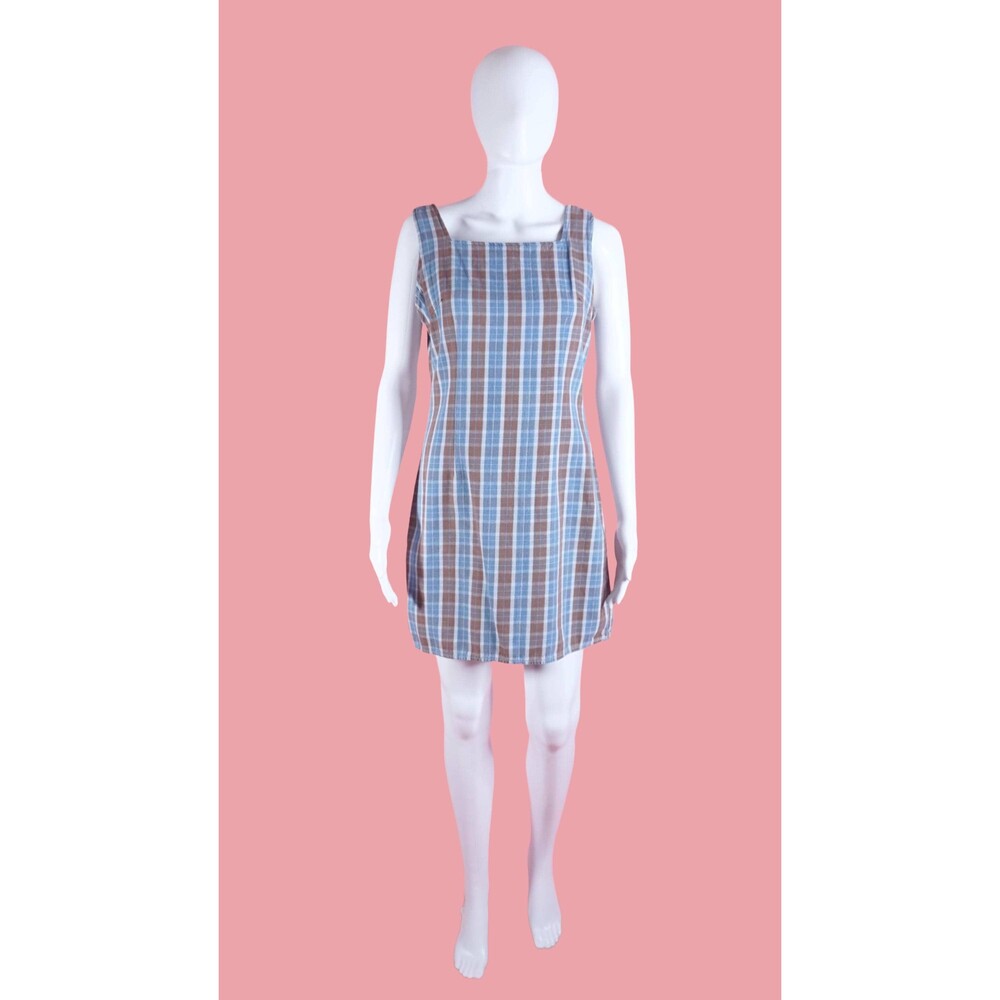 1990s SPOILED ROTTEN Blue, Brown, and White Plaid SHIFT Sleeveless Dress. Small